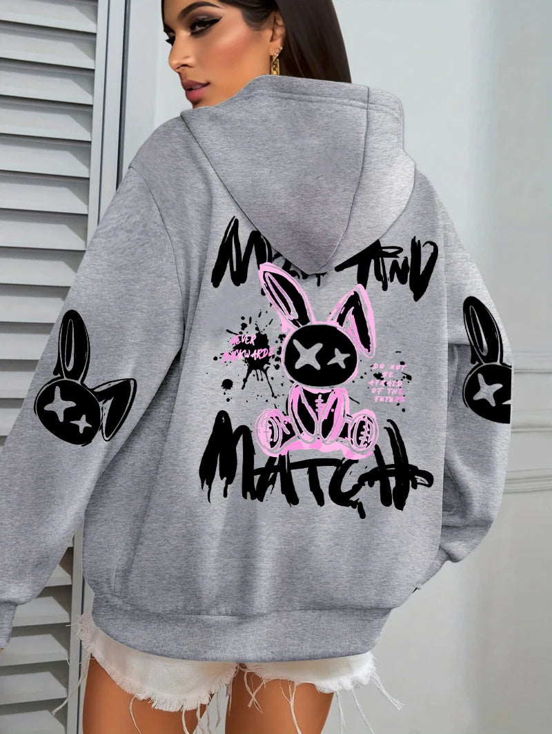 Mix And Match Cartoon Rabbit Prints Hoodie Pocket Streetwear