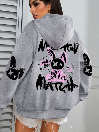 Mix And Match Cartoon Rabbit Prints Hoodie Pocket Streetwear