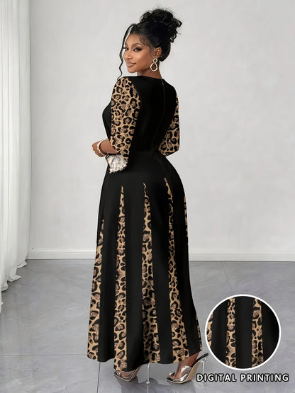 Elegant Leopard Maxi Long Sleeve Gown Dress
