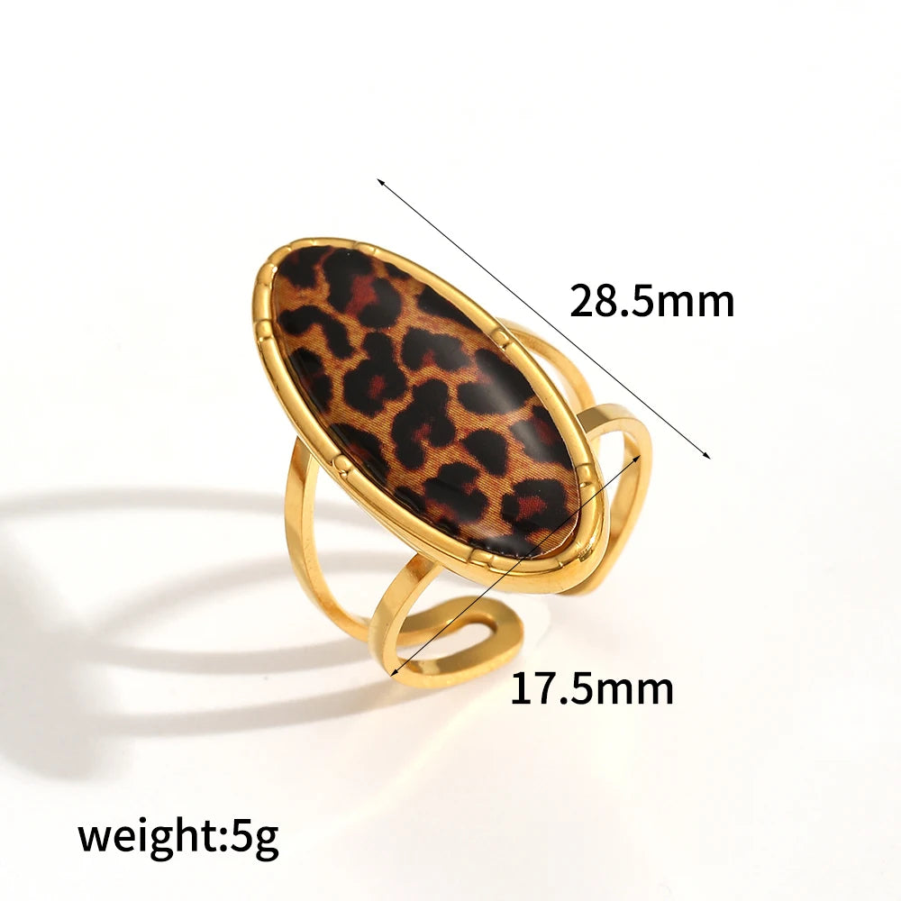 Stainless Steel Retro Geometric Leopard Pattern Adjustable 18K Gold Rings