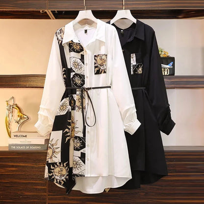 Vintage Print A-Line With Belt Loose Polo Neck Dress