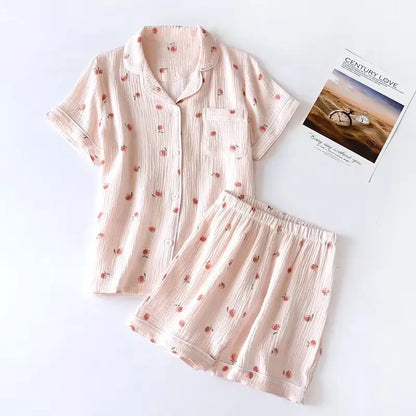 Short-sleeved 100% Cotton Crepe Cloth Thin Loose Pajama Sets