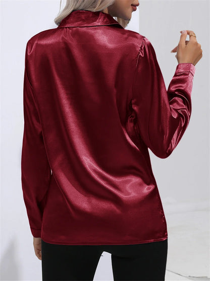 Elegant Turn-Down Collar Satin Long Sleeve Blouse