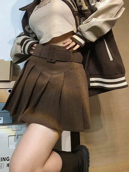 Cord Belted Pleated Texture Corduroy Box Pleat Mini Skirt