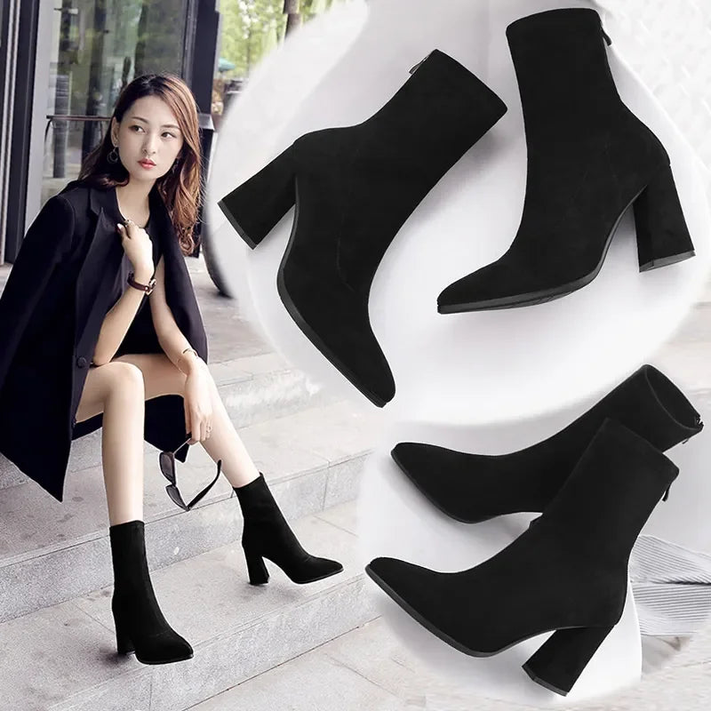 Ankle Chunky High Heel Sock Chelsea Sexy Warm Boots