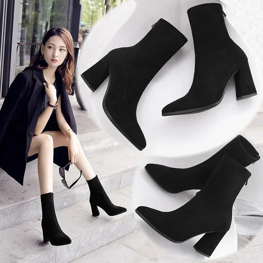 Ankle Chunky High Heel Sock Chelsea Sexy Warm Boots