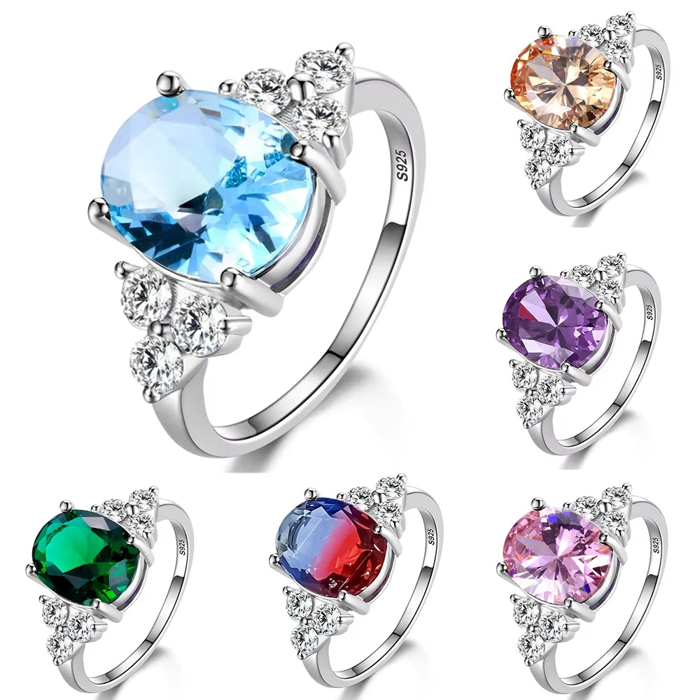 خواتم فضية عيار 925 مرصعة بأحجار الزركون الأحمر متعددة الألوان