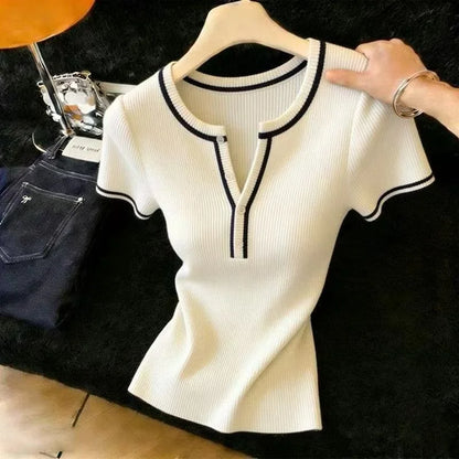 O-Neck Knitted Short Sleeve Knit Sweater Pullover