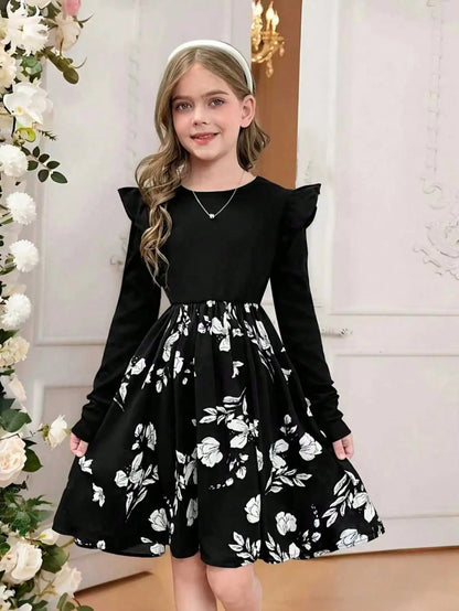 Girl's Casual Long-Sleeved Round-Neck Floral Dress