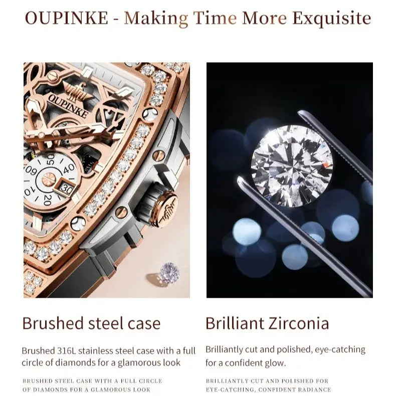 Luxury Skeleton Flywheel Tonneau Dial Automatic Mechanical Diamond Watch