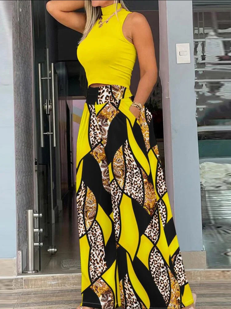 Casual Sleeveless Tank Top Wide Leg Pants Set