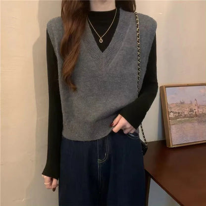 V-neck Knitted Vest Vintage Sleeveless Sweater Waistcoat Korean Chic