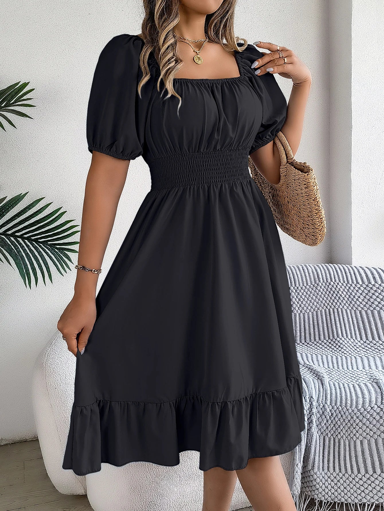 Puff Sleeve Square Neck Dress