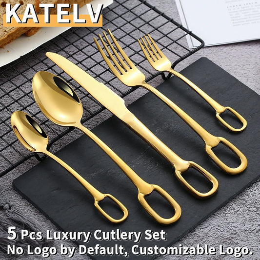 5Pcs Luxury Tableware Stainless Steel Knife Fork Spoon Cutlery Set