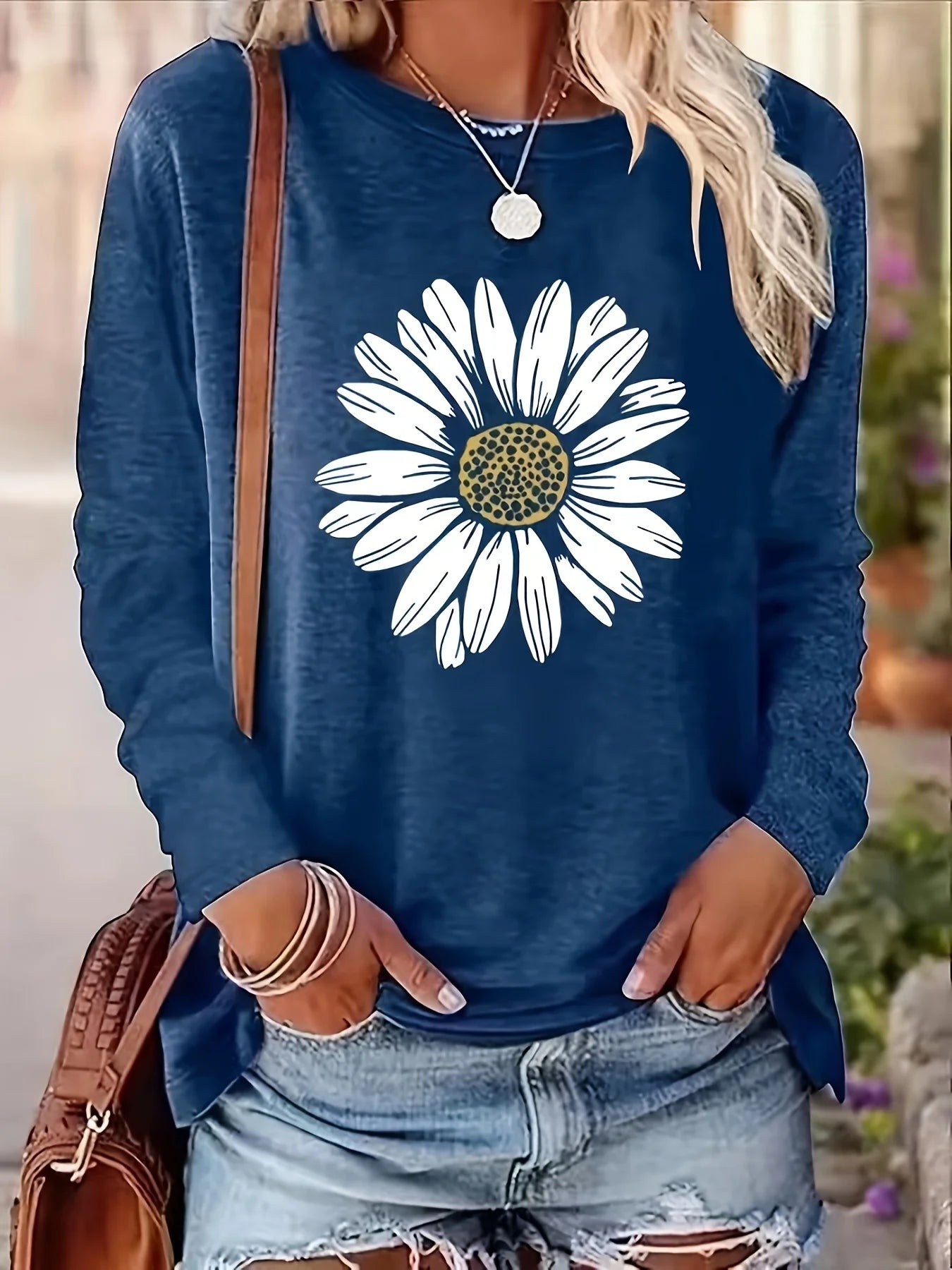 100% pure cotton loose sunflower long sleeved T-shirt