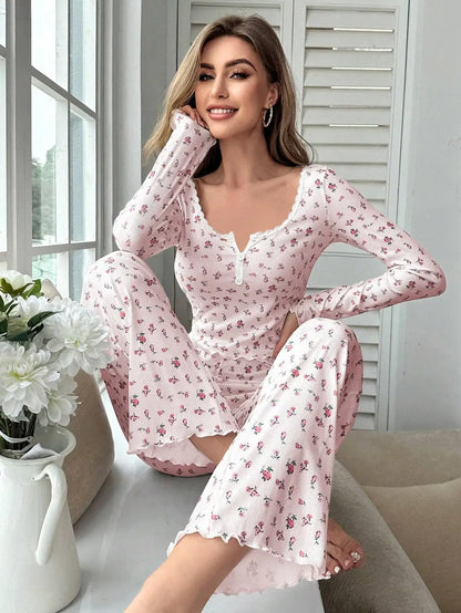 Sleepwear Floral Print Lettuce Long Pant Pyjamas Set
