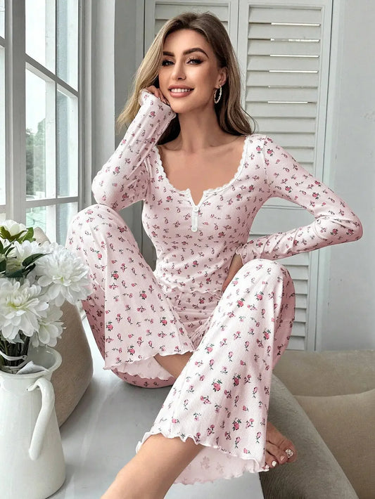 Sleepwear Floral Print Lettuce Long Pant Pyjamas Set