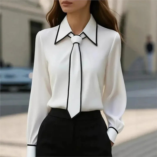 Bow Tie Long-sleeve Contrasting Slim-fit Shirts