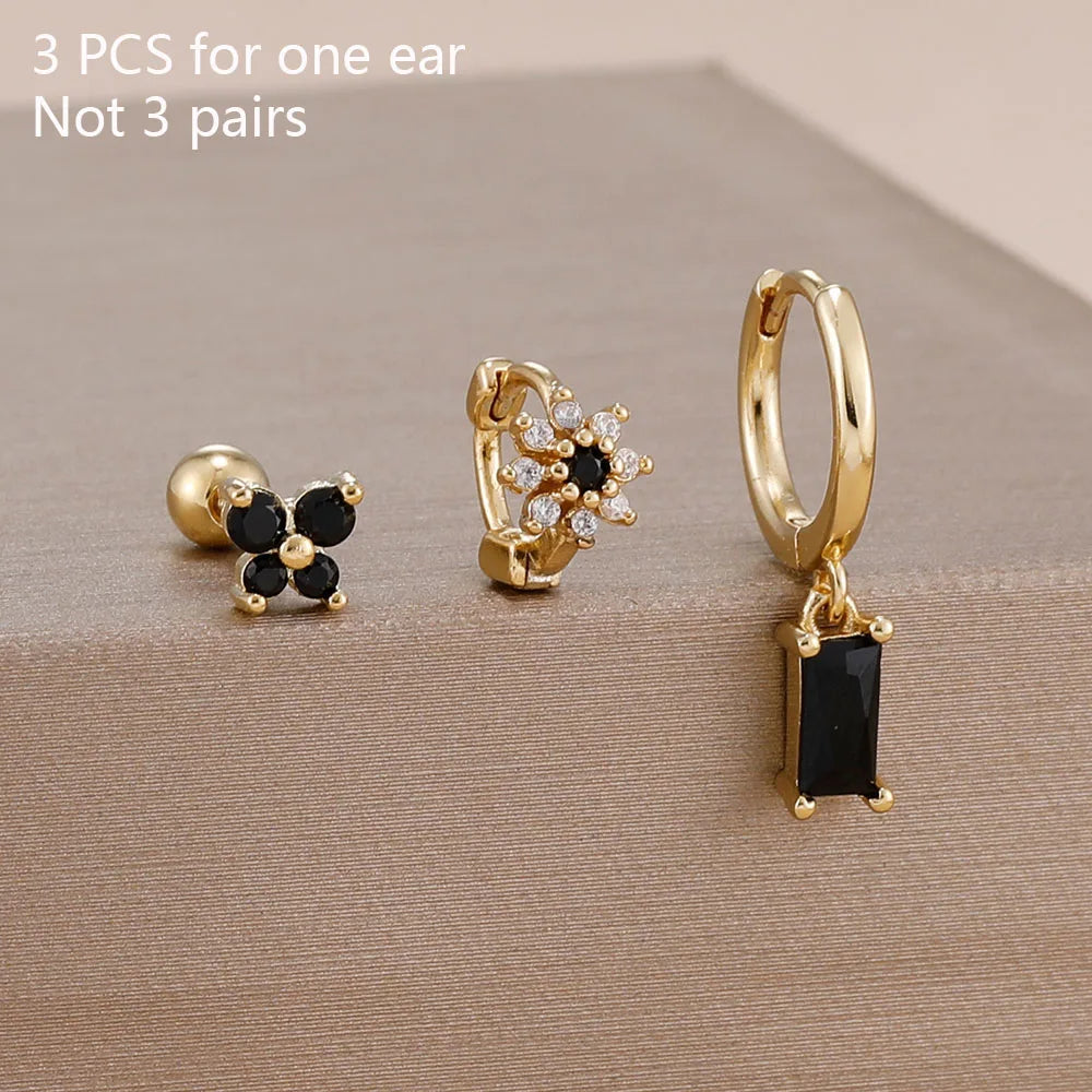 14K Gold Plated Zircon Square Hoop Stainless Steel Butterfly Stud Earring Set