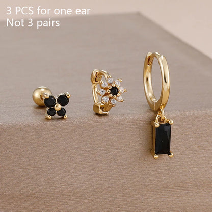 14K Gold Plated Zircon Square Hoop Stainless Steel Butterfly Stud Earring Set