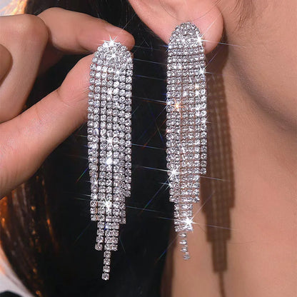 Shiny Rhinestone Crystal Tassel Long Earrings