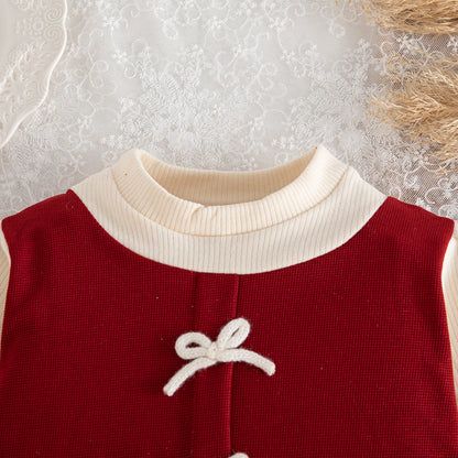Girls First Birthday Banquet Costume Bow Element Soft Knit Long Sleeved Red Dress