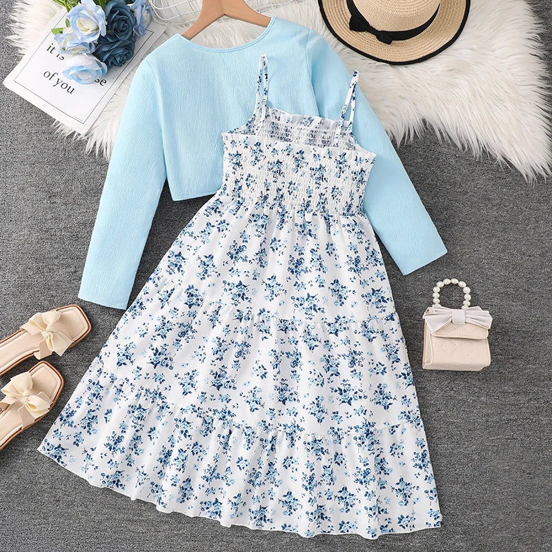 Kid Girl Long Sleeve Bow Sling Dress Set