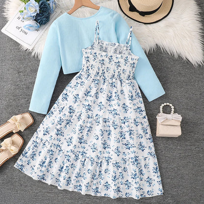 Kid Girl Long Sleeve Bow Sling Dress Set