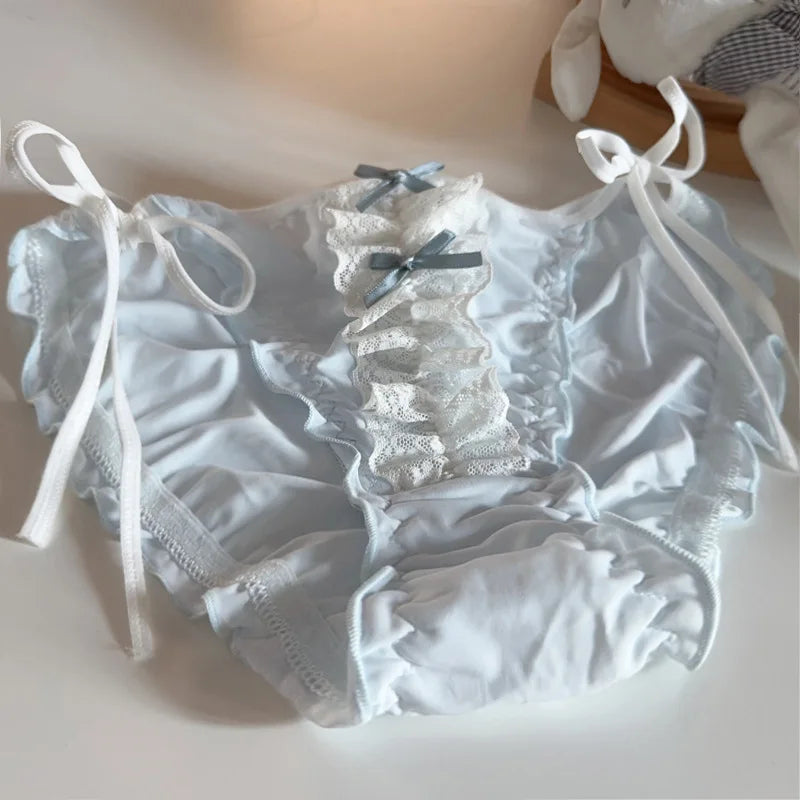 Double Bow Lace Ruffle Cute Underpants Low Waist Lace Up Ice Silk Breathable Panties