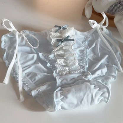Double Bow Lace Ruffle Cute Underpants Low Waist Lace Up Ice Silk Breathable Panties