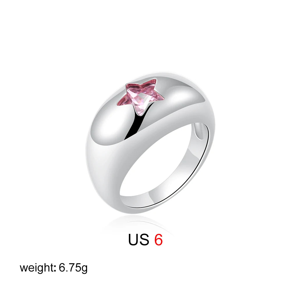 Waterproof 18K Gold Chubby Star Sleek Stainless Steel Pink Zircon Dome Finger Ring