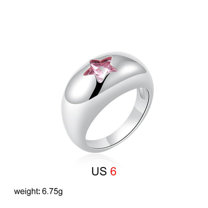 Waterproof 18K Gold Chubby Star Sleek Stainless Steel Pink Zircon Dome Finger Ring