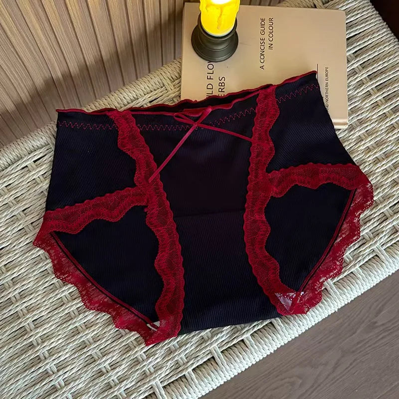 Lace Waist Boxer Panties Mixed Print Scalloped Edge Briefs Silky Fabric Underwear
