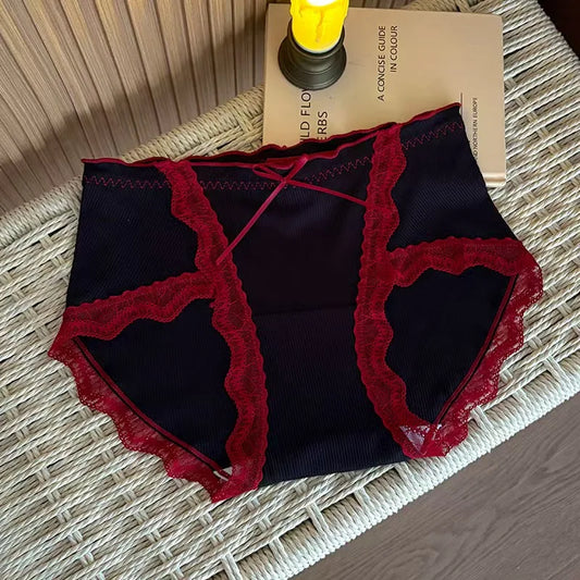Lace Waist Boxer Panties Mixed Print Scalloped Edge Briefs Silky Fabric Underwear