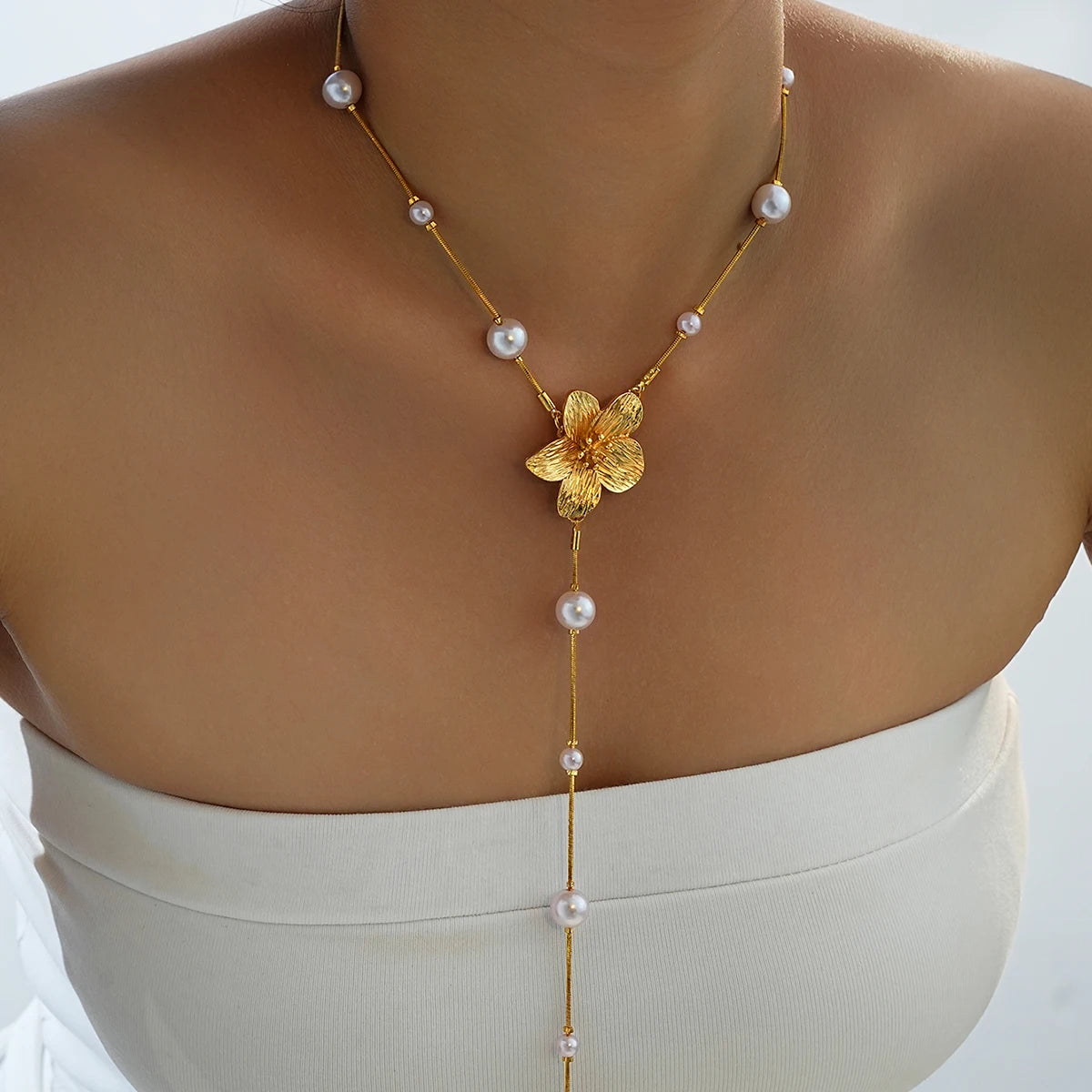 Long Tassel Imitation Pearl Flower Necklaces