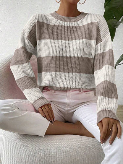 Autumn and Winter Contrasting Striped Round Neck Pullover Knitted Sweater