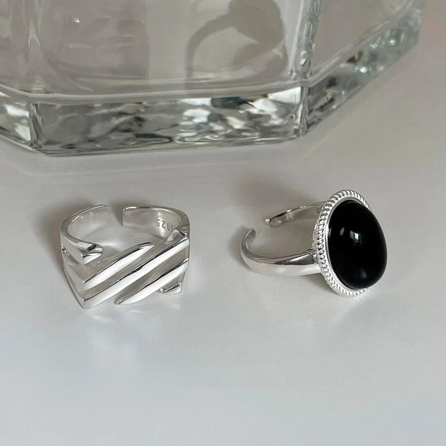 925 Sterling Silver Geometric Black Stone Rings