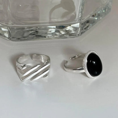925 Sterling Silver Geometric Black Stone Rings