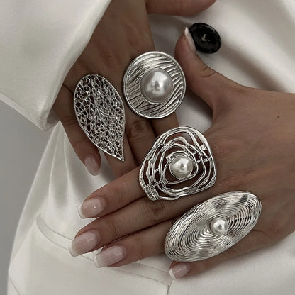 Punk Exaggerated Irregular Metal Wide Imitation Pearl Geometric Rings