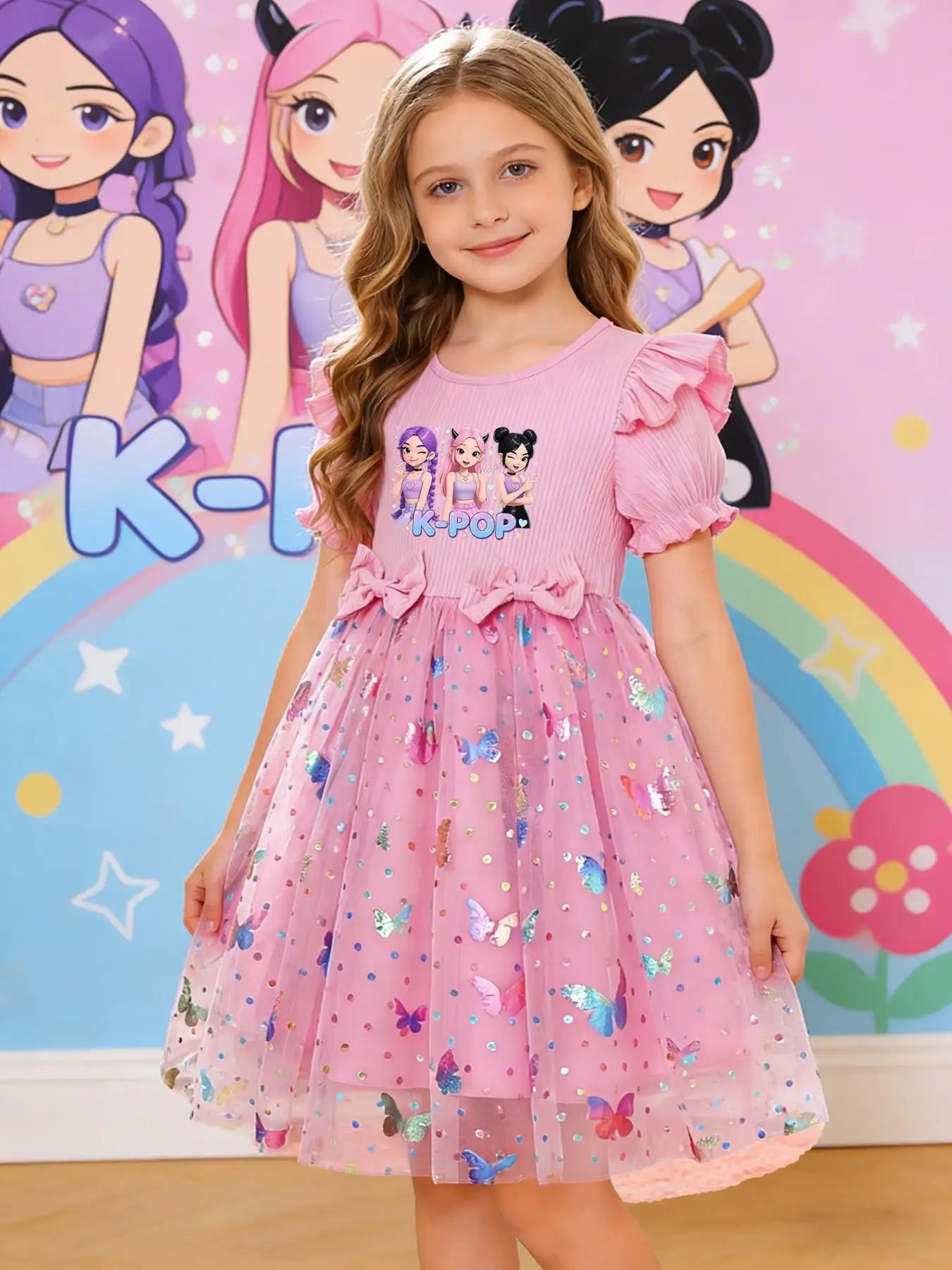 Elegant Cartoon Butterfly Print Slim-Fitting Summer Princess Dress