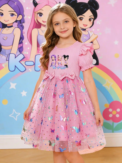 Elegant Cartoon Butterfly Print Slim-Fitting Summer Princess Dress
