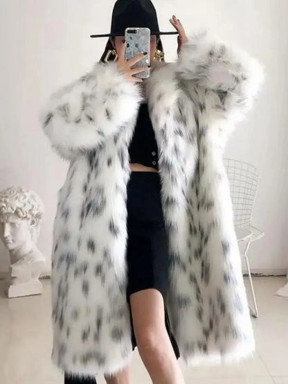 Faux Fur Long Warm White Leopard Print Long Sleeve Lapel Fox Fur Coat