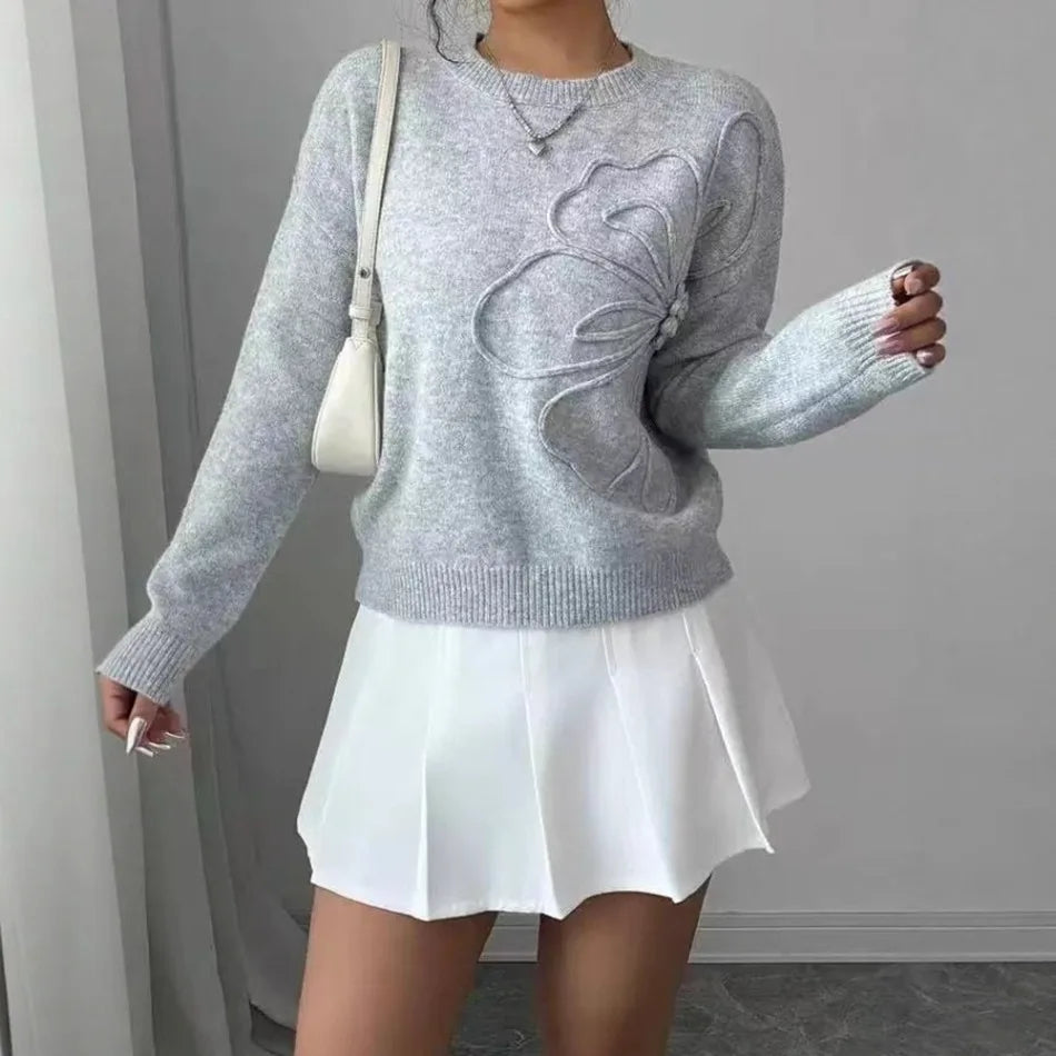 Slimming Effect Knitted Pure Color Floral Print Full Sleeve  Pullover Sweater