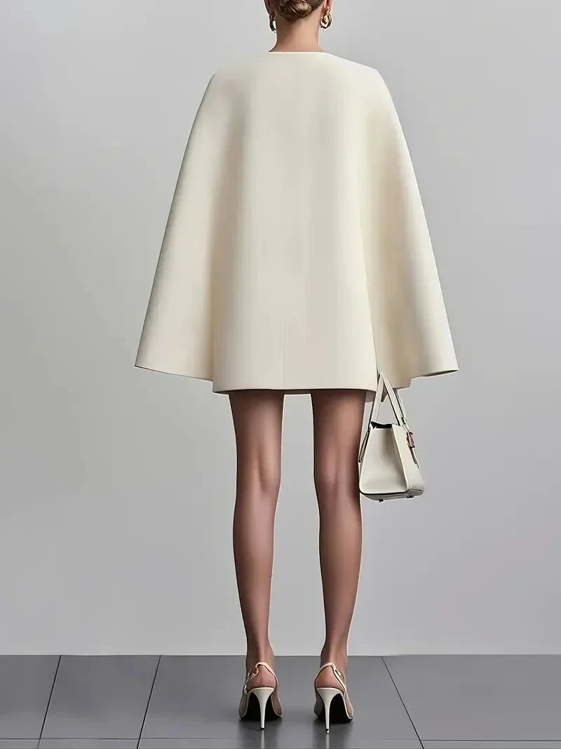 Double Breasted Waist Shawl Cape Sleeve Midi Dress