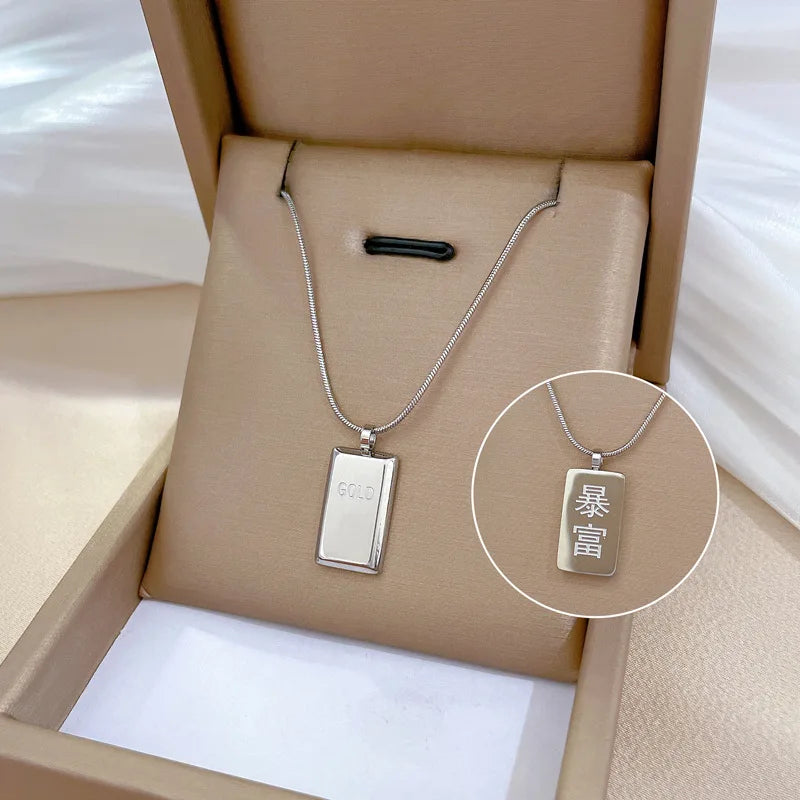 Bullion Bar Stainless Steel Golden Cube Brick Pendant Necklaces