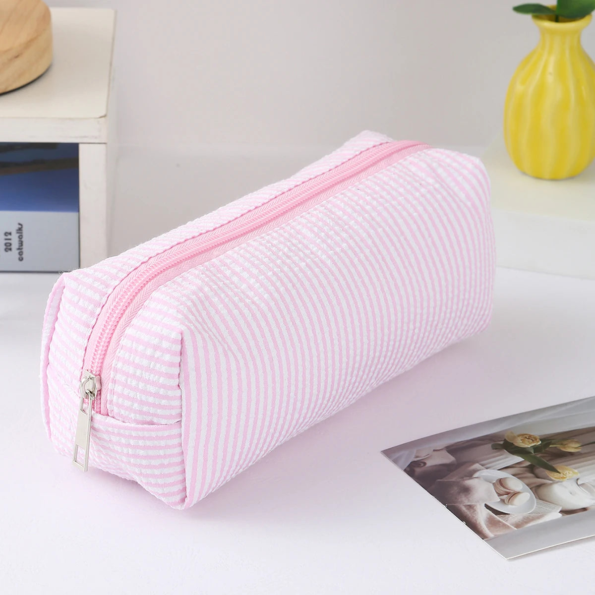 Cute Striped Canvas Pencil Case Small Travel Pouch with Zipper