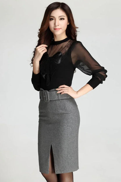 High waist casual mid-length wool pencil skirt