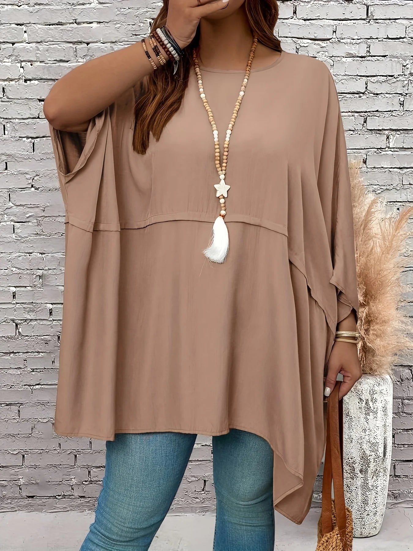 Plus-size loose crew-neck batwing sleeve Top