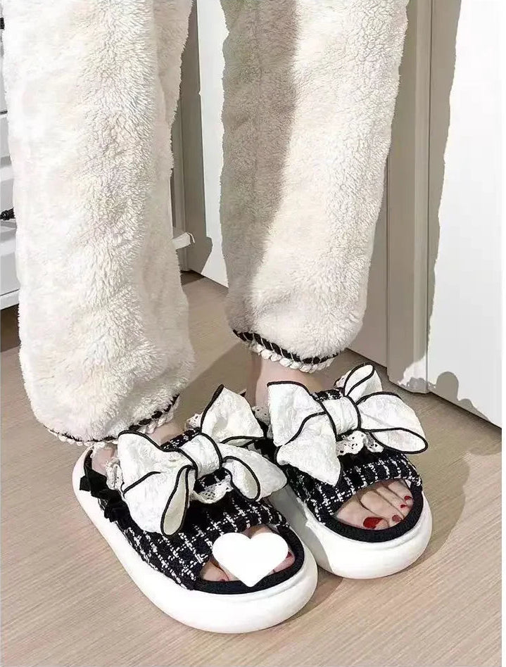 Linen Cute Platform Black Bow Soft Slippers