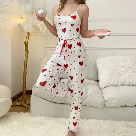 Sleepwear Heart Print Sleeveless Sexy Lingerie Pyjamas
